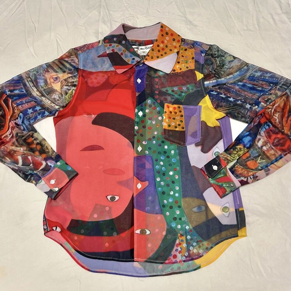 Comme Des Garçons Women’s M Abstract Art Print Button Up Shirt Semi-Sheer CdG